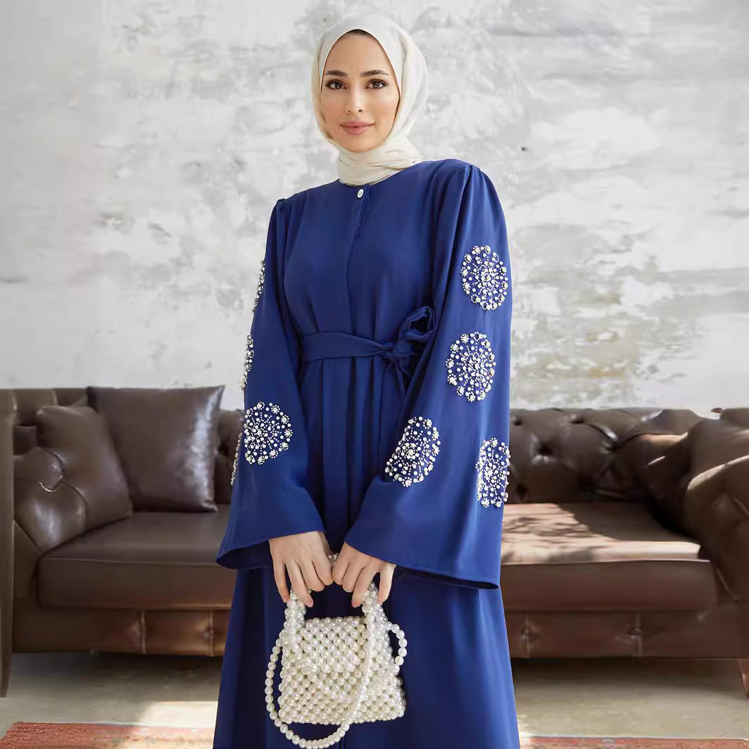 2209 #Middle East Women's Muslim Robe Dress Heavy Industry Bead Hot Diamond Elegant Dress Abaya Long Dress