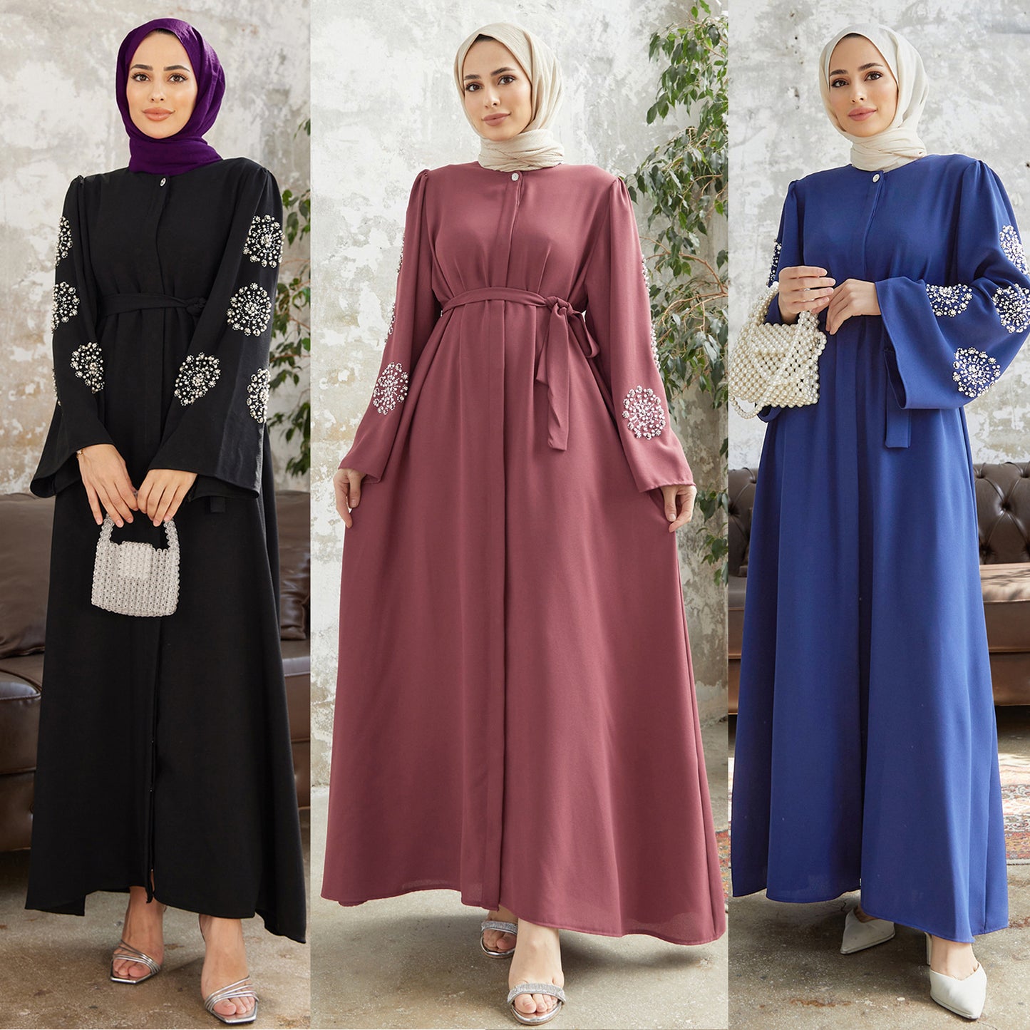 2209 #Middle East Women's Muslim Robe Dress Heavy Industry Bead Hot Diamond Elegant Dress Abaya Long Dress