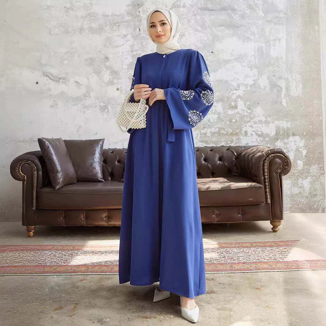 2209 #Middle East Women's Muslim Robe Dress Heavy Industry Bead Hot Diamond Elegant Dress Abaya Long Dress