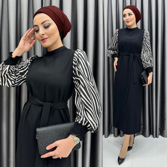 2206 #Middle East Turkey popular Muslim dress zebra pattern lantern sleeve splicing dress
