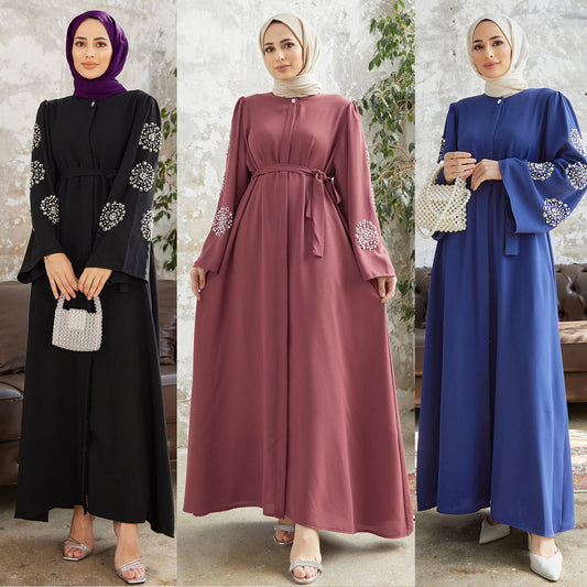 2209 #Middle East Women's Muslim Robe Dress Heavy Industry Bead Hot Diamond Elegant Dress Abaya Long Dress