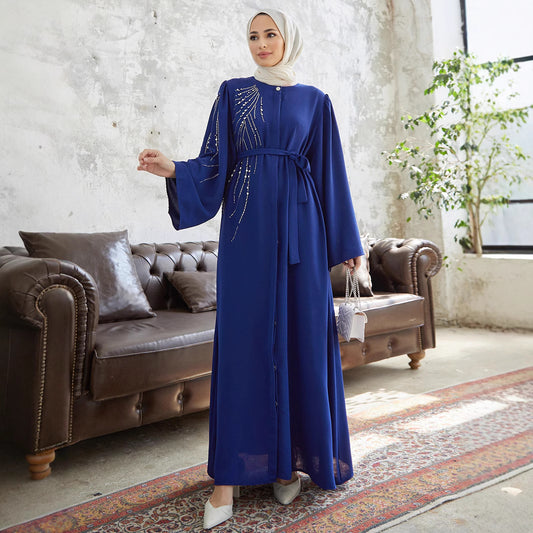 2210-Middle East Robe Women's Muslim Dress Turkey Dubai Heavy Industry Beaded Hot Diamond Dress Abaya