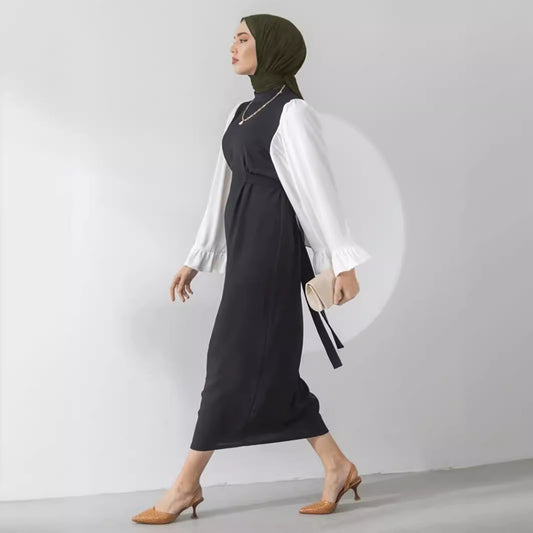 2205 #Middle East Turkey popular dress loose horn sleeves color matching waist slim Muslim dress